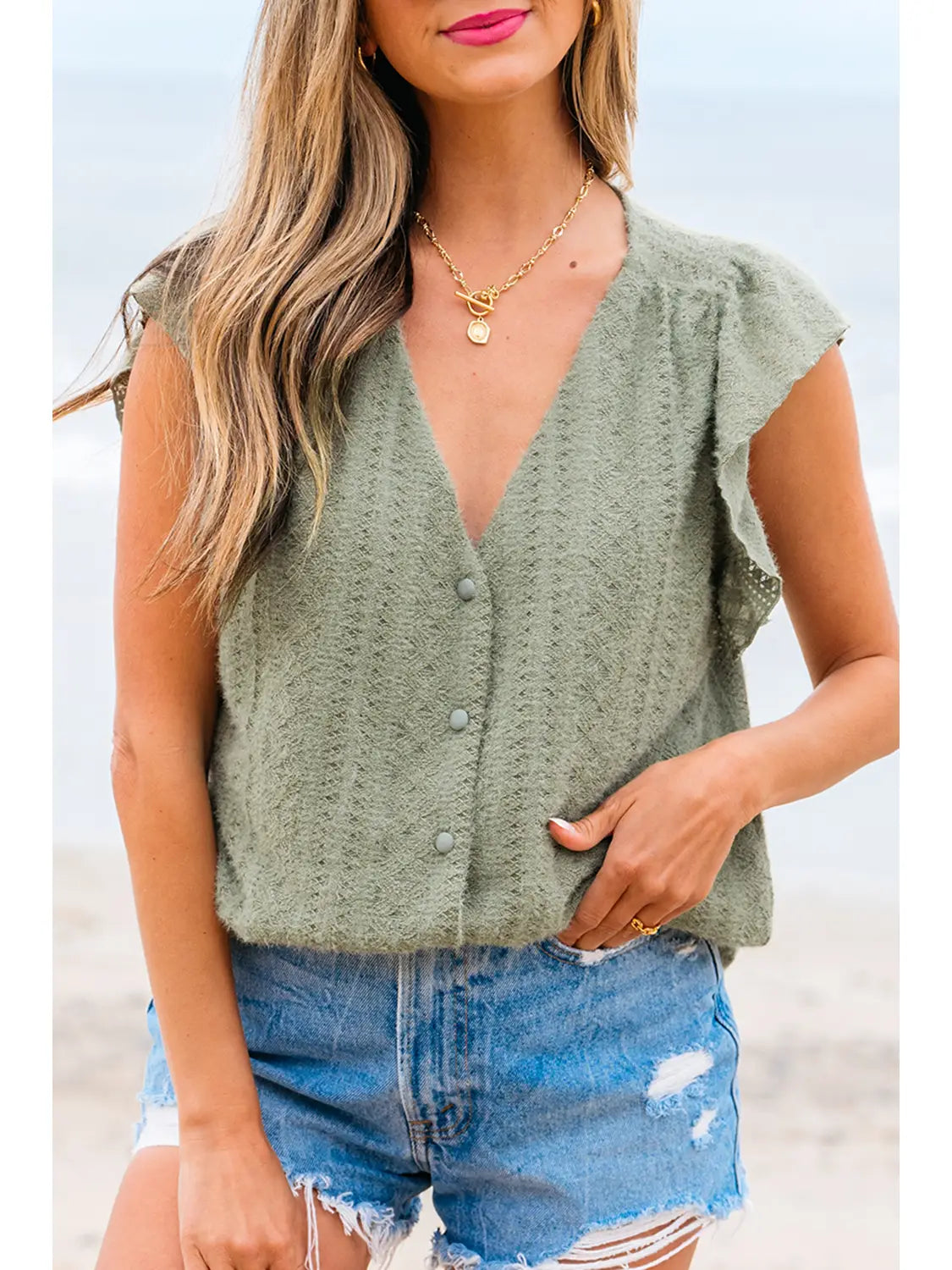 Flutter Sleeve Green Lace V Neck Shirt