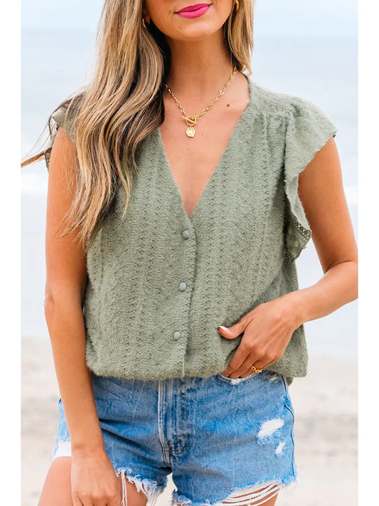 Flutter Sleeve Green Lace V Neck Shirt