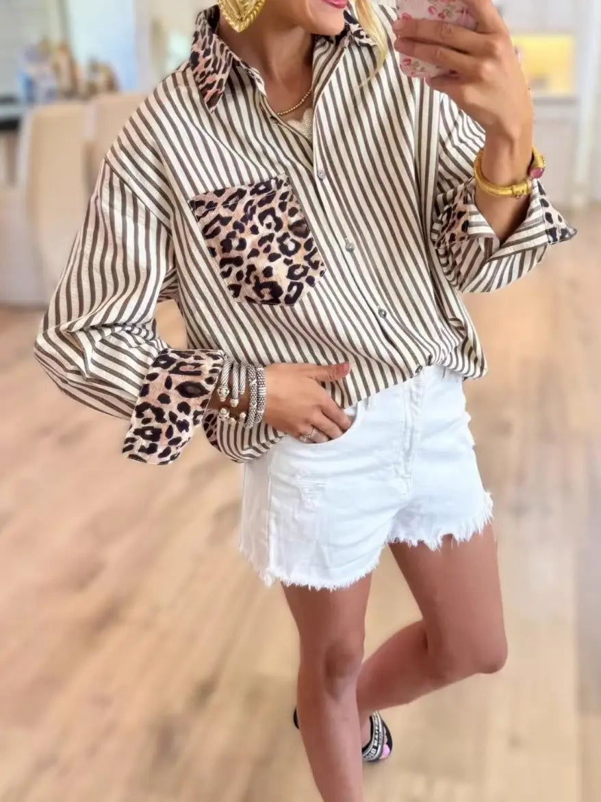 Chic Style Leopard & Striped Patchwork Shirt