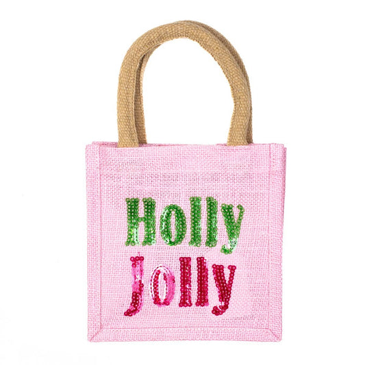 Holly Jolly Sequin Petite Gift Tote   Light Pink/Green