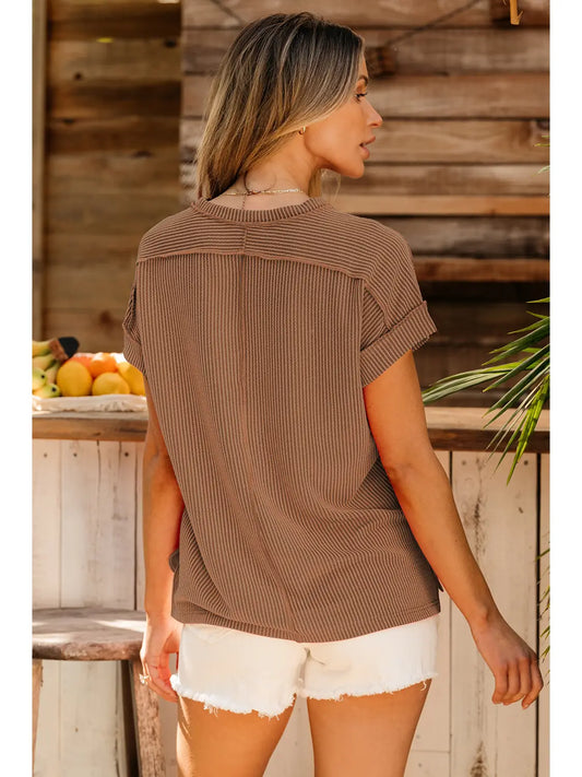 Textured Knit Exposed Stitch Coffee Crew Top