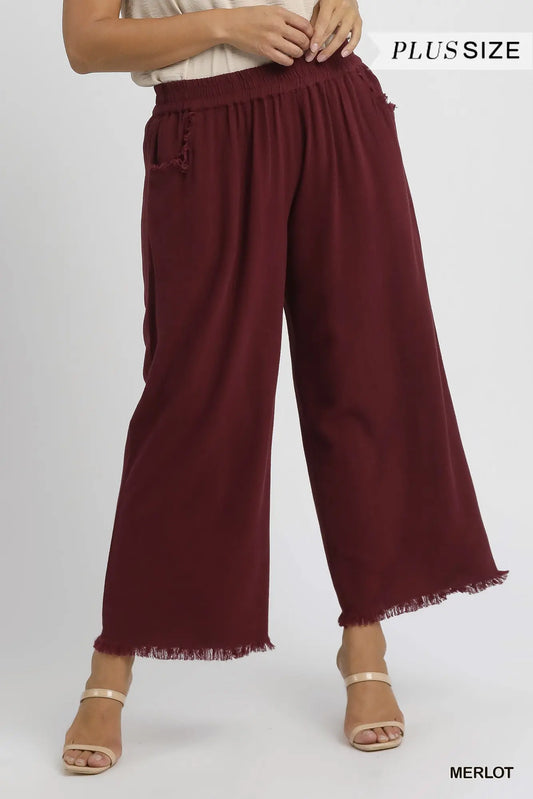 Umgee Plus Maroon Frayed Hem Wide-Leg Pants