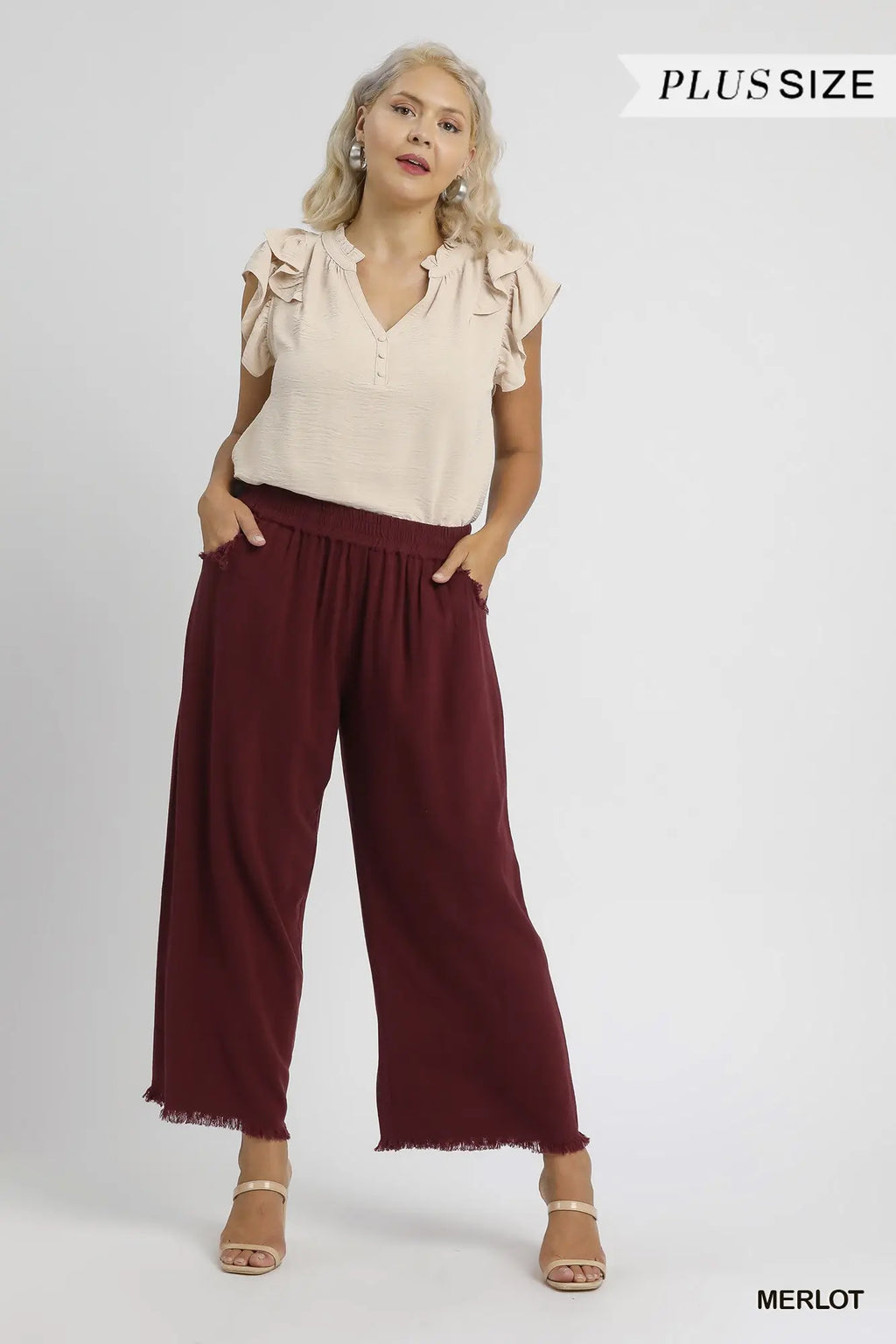 Umgee Plus Maroon Frayed Hem Wide-Leg Pants