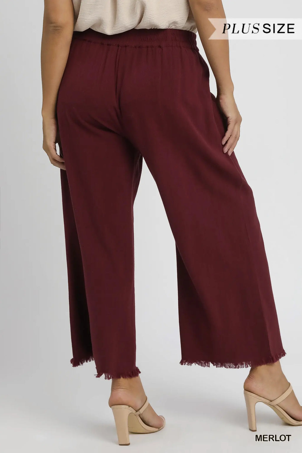 Umgee Plus Maroon Frayed Hem Wide-Leg Pants