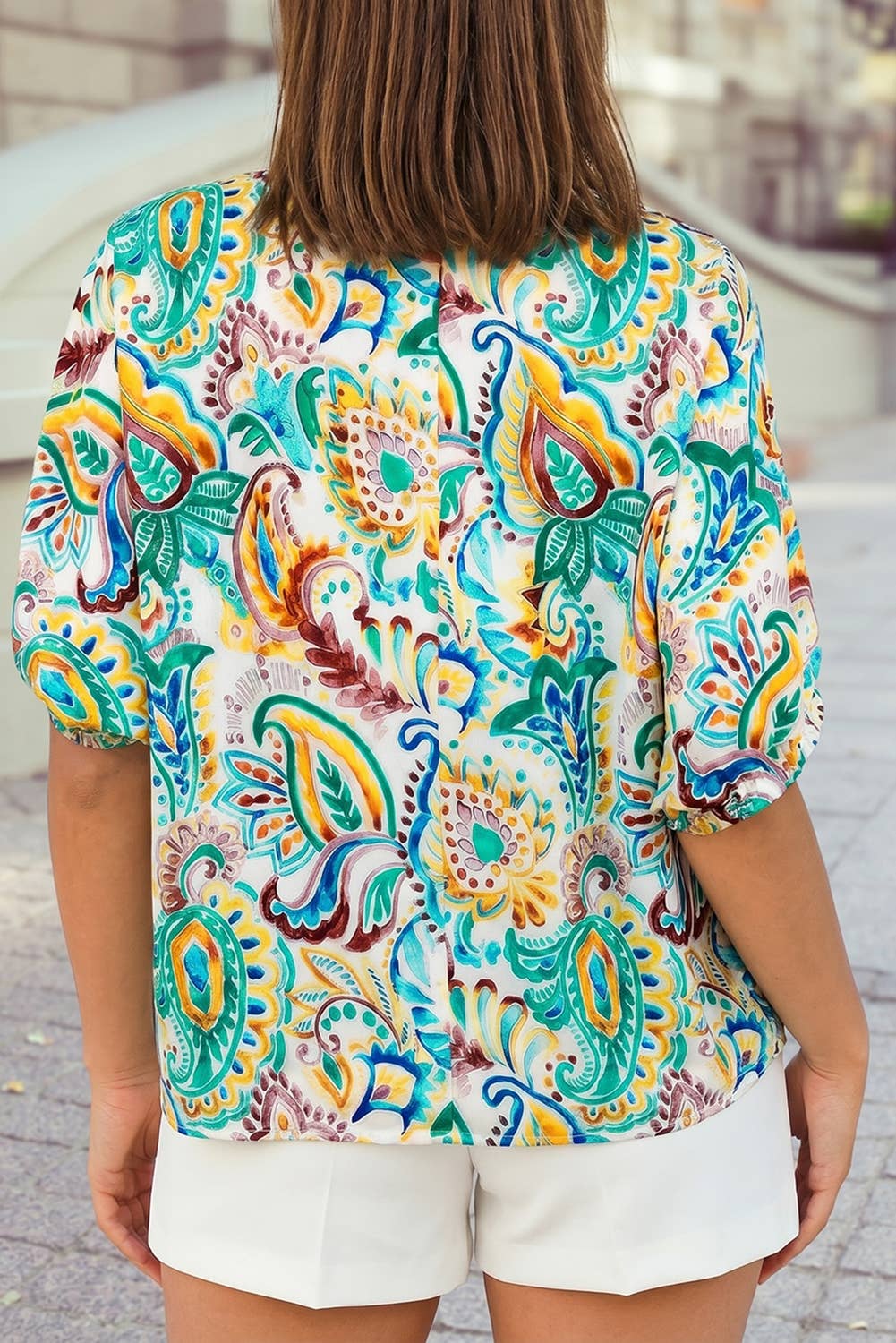 Boho Paisley Floral Printed Puff Sleeve Blouse