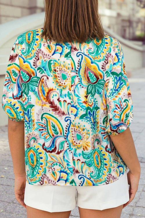 Boho Paisley Floral Printed Puff Sleeve Blouse