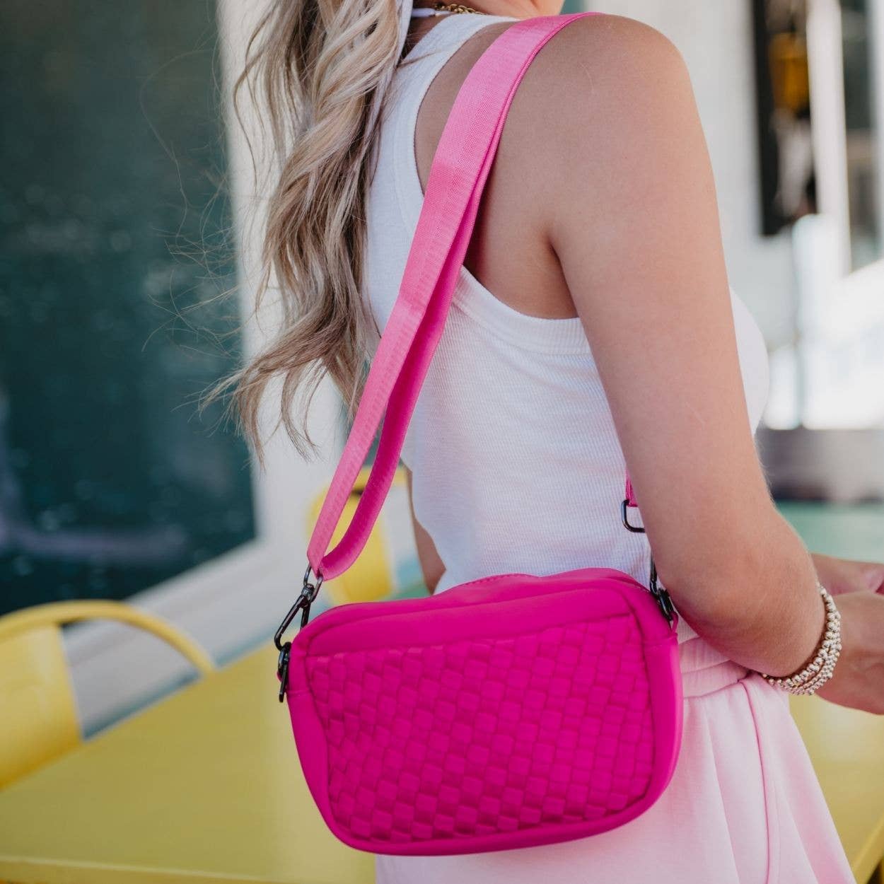 Hot Pink Woven Crossbody Bag