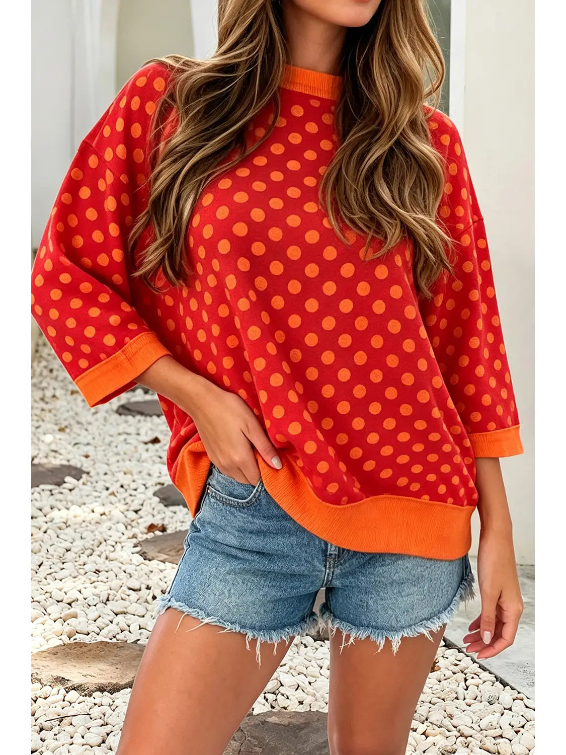 Polka Dot Contrast Trim Round Neck Bracelet Sleeve Top
