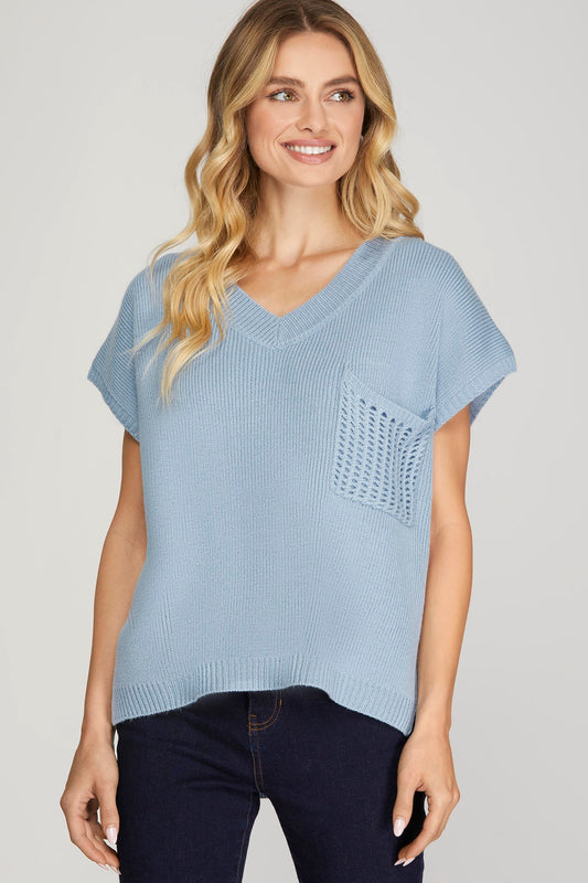 Drop Shoulder V Neck Front Pocket Sweater Top- Misty Blue