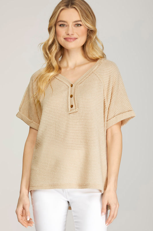 Short Sleeve Thermal Oversize V Neck Top