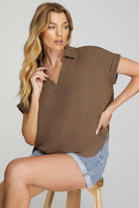 Drop Shoulder Collared Woven Top - Mocha