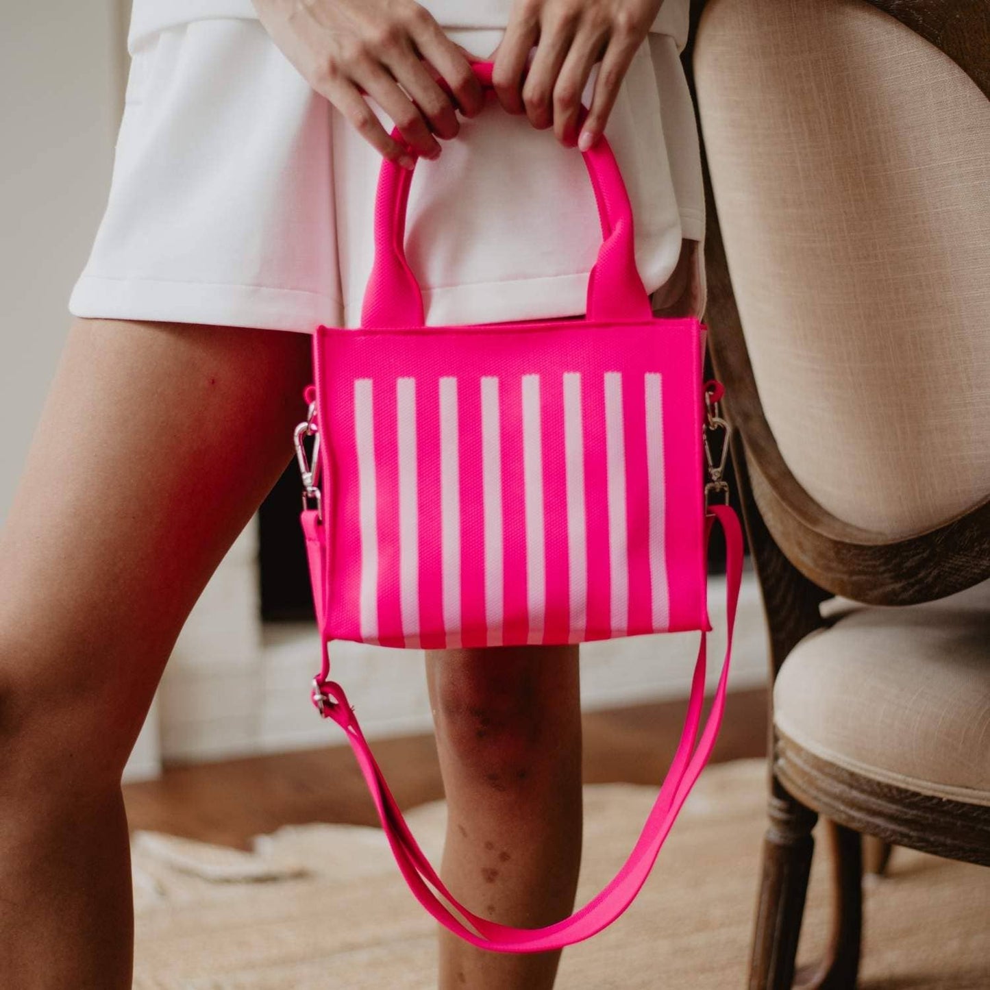Hot Pink Striped Mini Tote Handbag