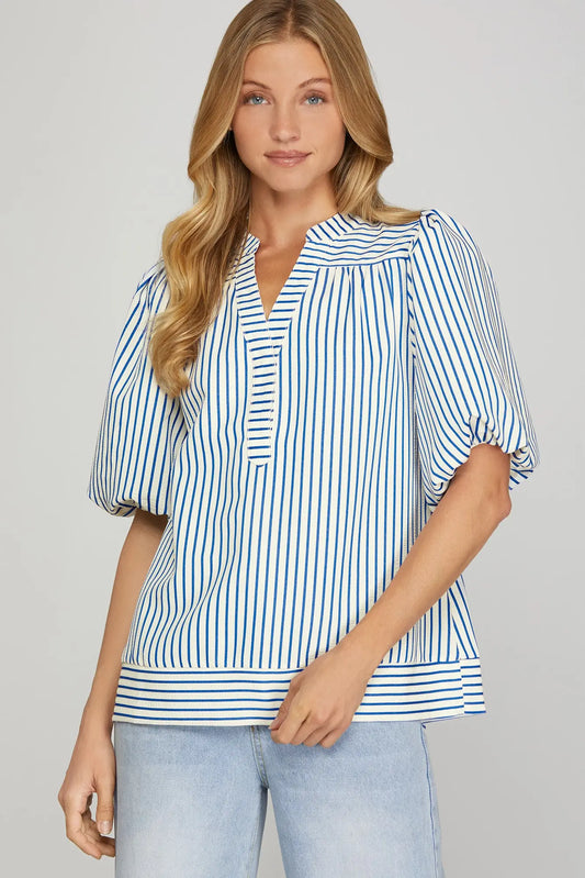 Bubble Sleeve Blue Striped Woven Top