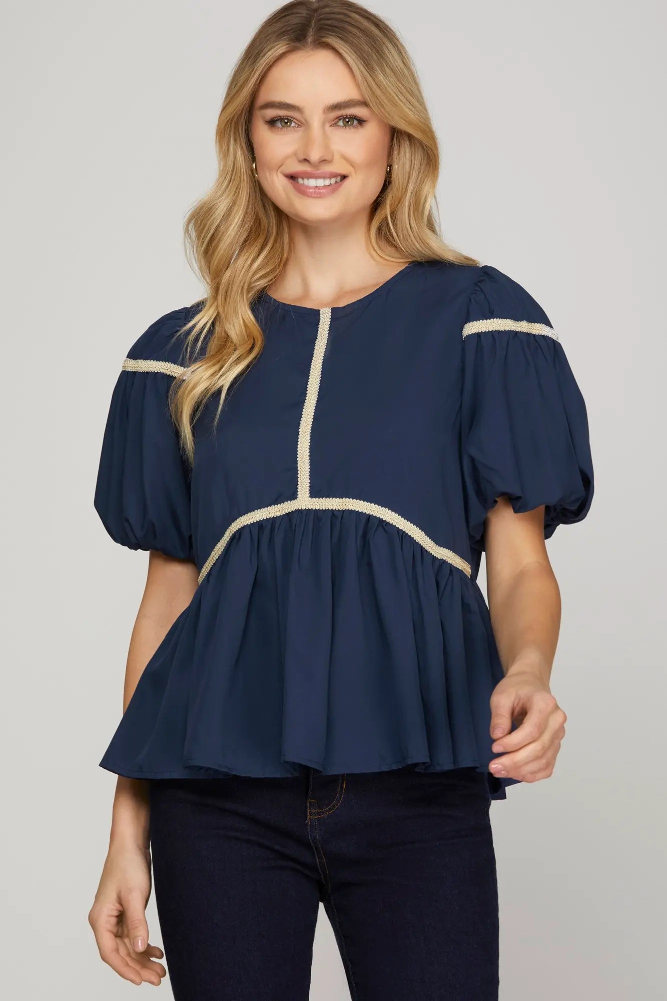 Short Sleeve Navy Trim Detail Woven Top