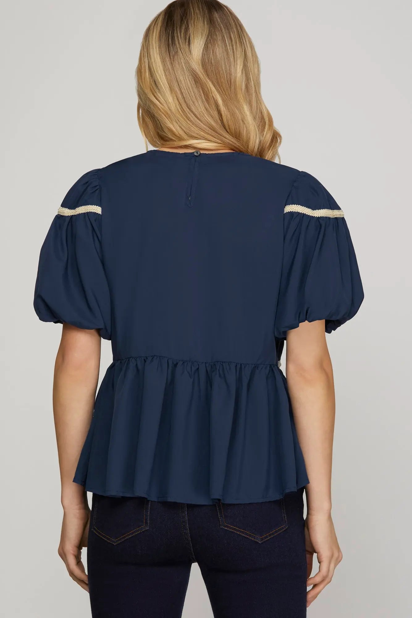Short Sleeve Navy Trim Detail Woven Top