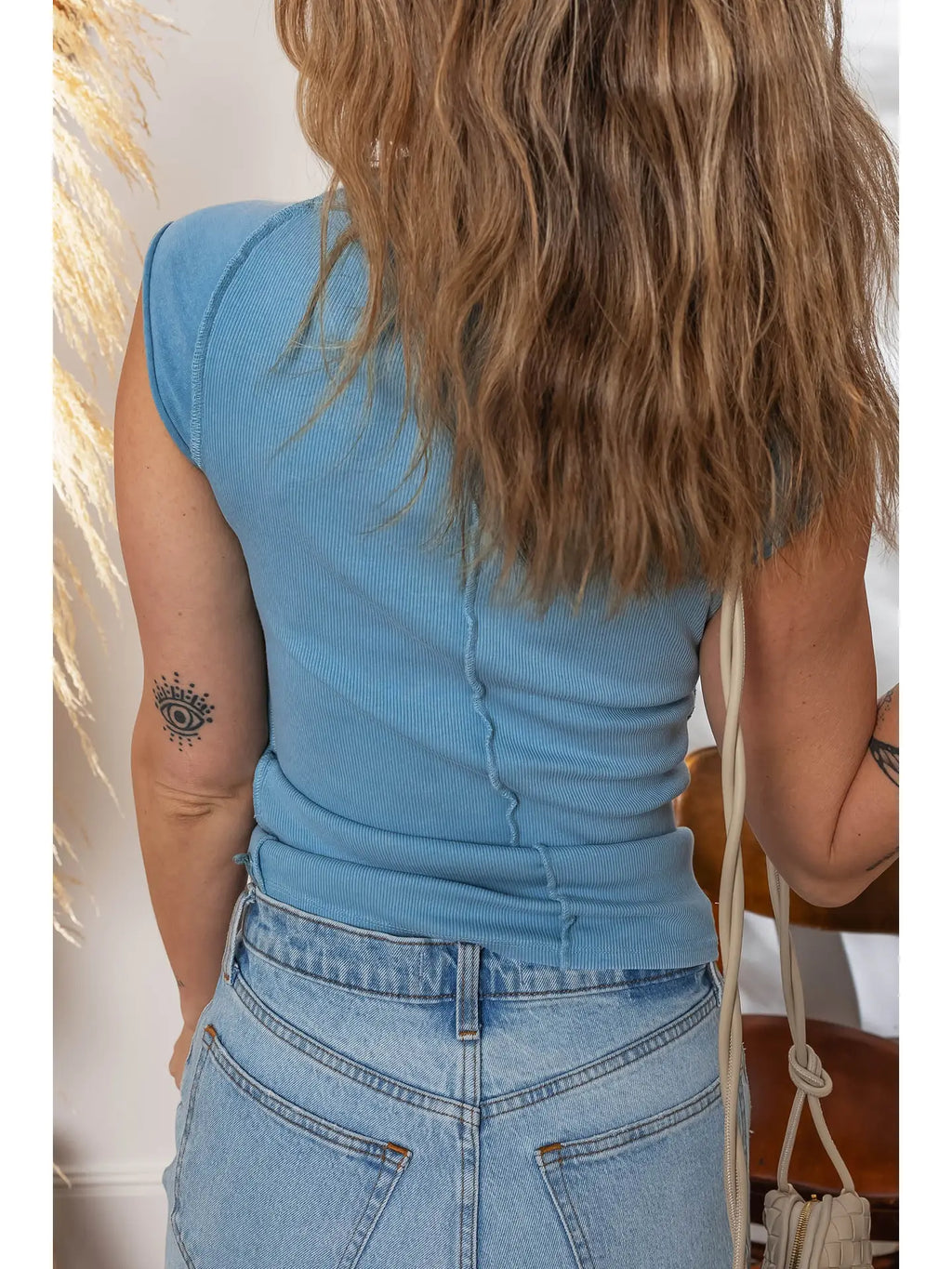 Crew Neck Cap Sleeve Blue Ribbed Shirt