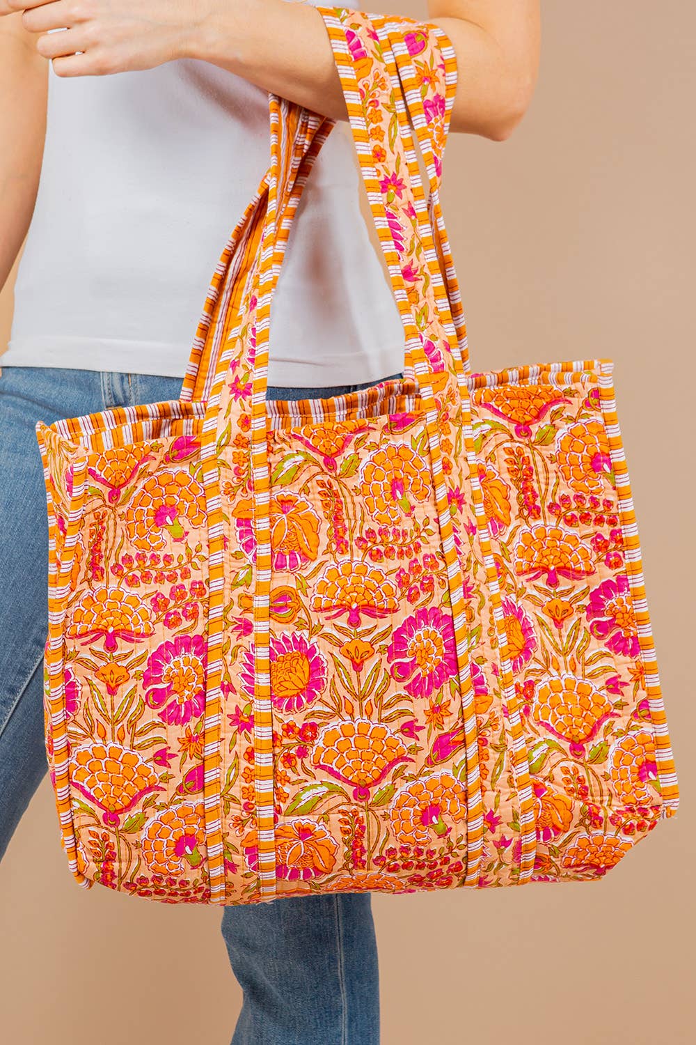 Quilted Tote Bag ORANGE PINK