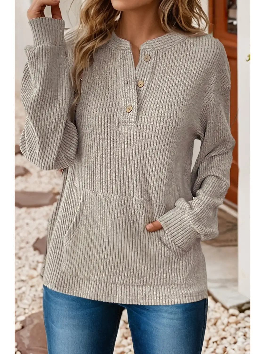 Ribbed Texture Drop Shoulder Henley Knit Top