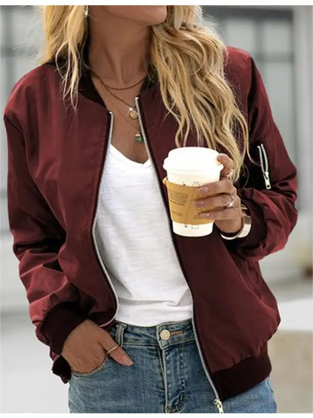 Stylish Thin Solid Crop Bomber Jacket Wine Red