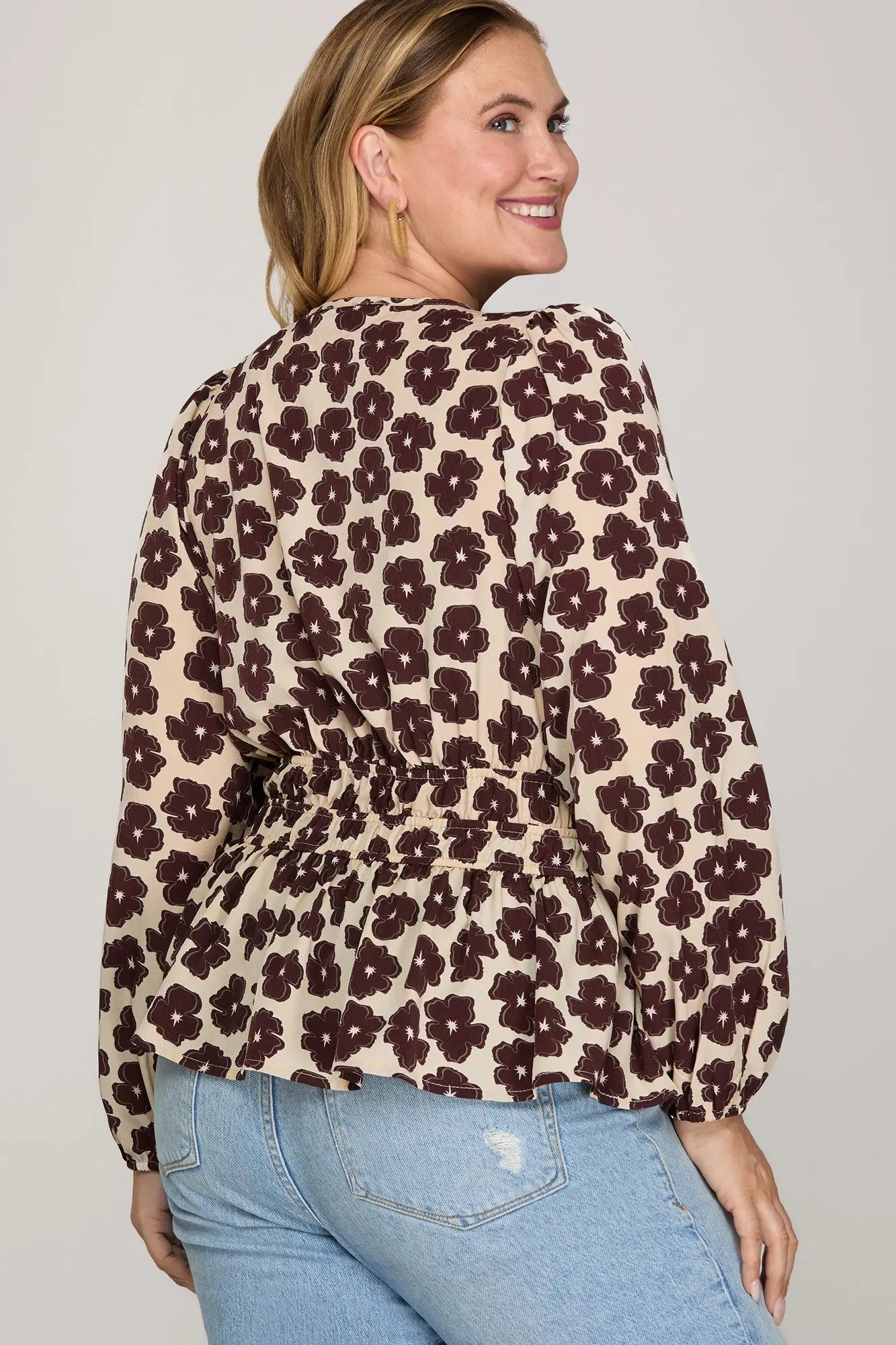 Long Sleeve Floral Woven Print Top Elastic Waist  Cream/Plum