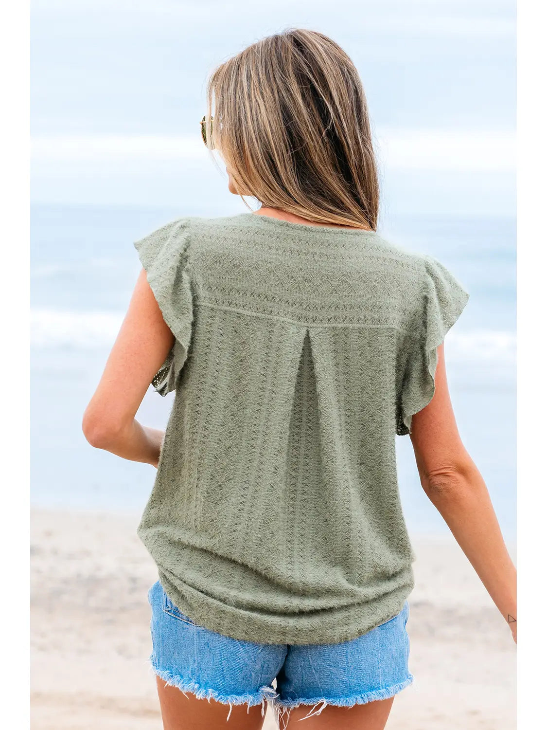 Flutter Sleeve Green Lace V Neck Shirt