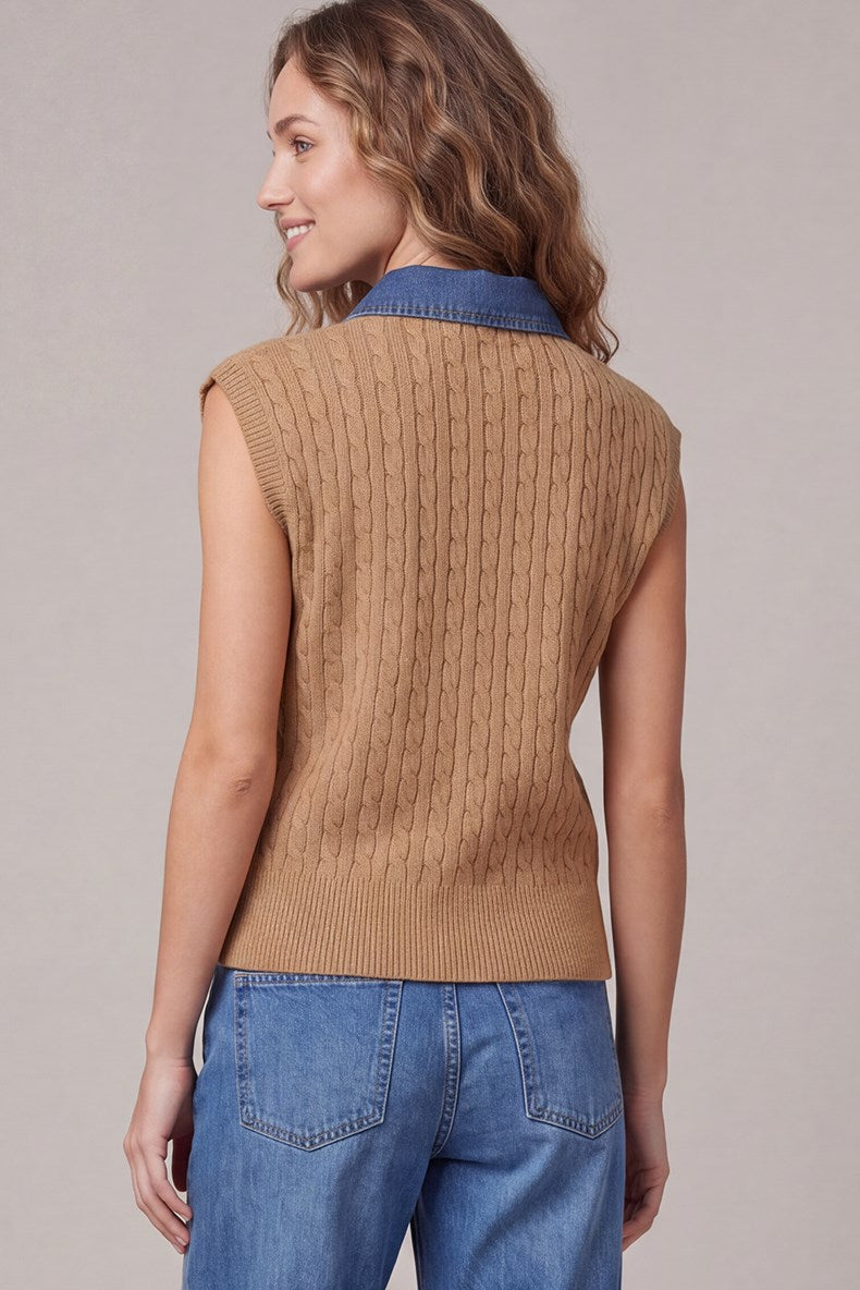 Sleeveless Washed Denim Cable Sweater Top