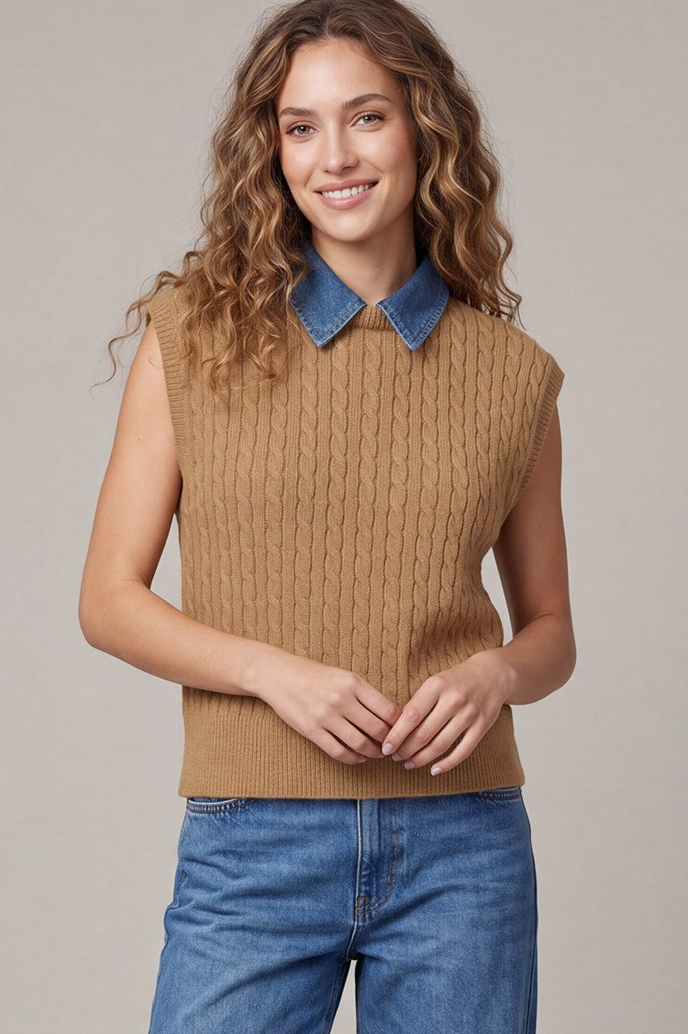 Sleeveless Washed Denim Cable Sweater Top