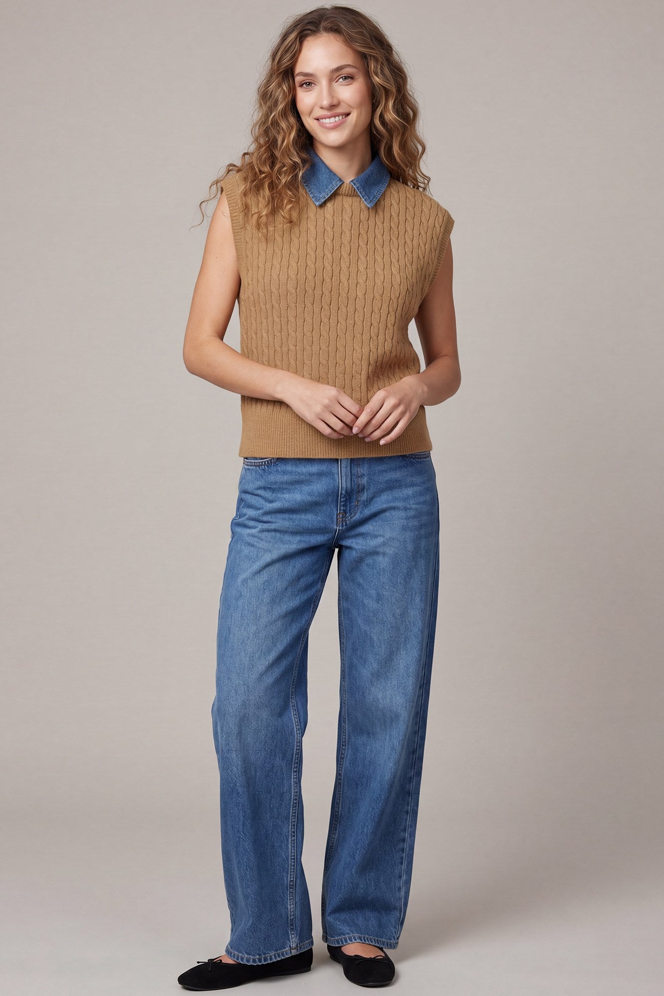 Sleeveless Washed Denim Cable Sweater Top
