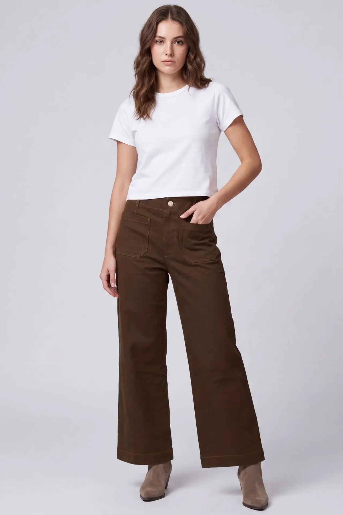 WASHED STRETCH LONG BROWN PANTS WITH POCKETS