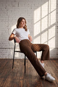 WASHED STRETCH LONG BROWN PANTS WITH POCKETS