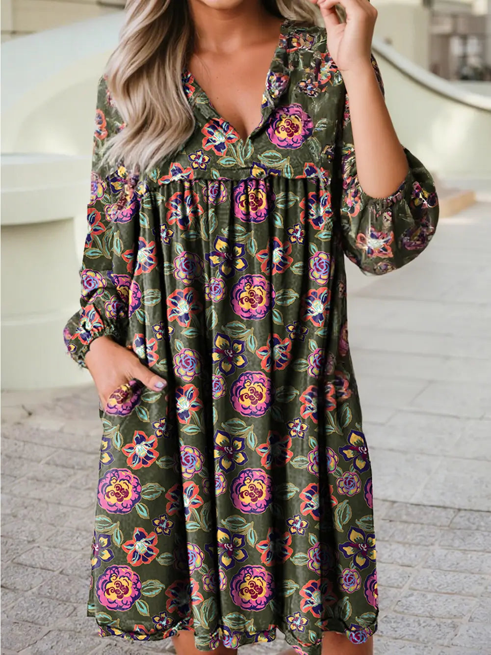 Floral Green Print Split Neck Long Sleeve Shift Mini Dress