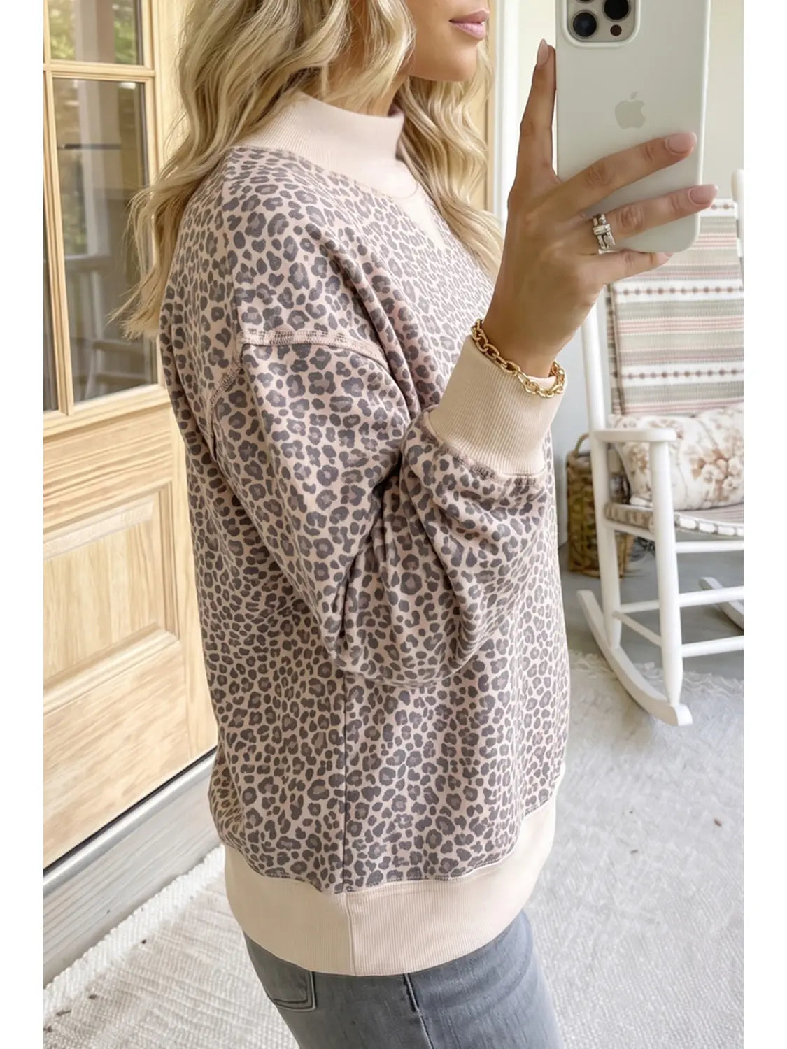 Leopard Print Mock Neck Pullover Sweatshirt