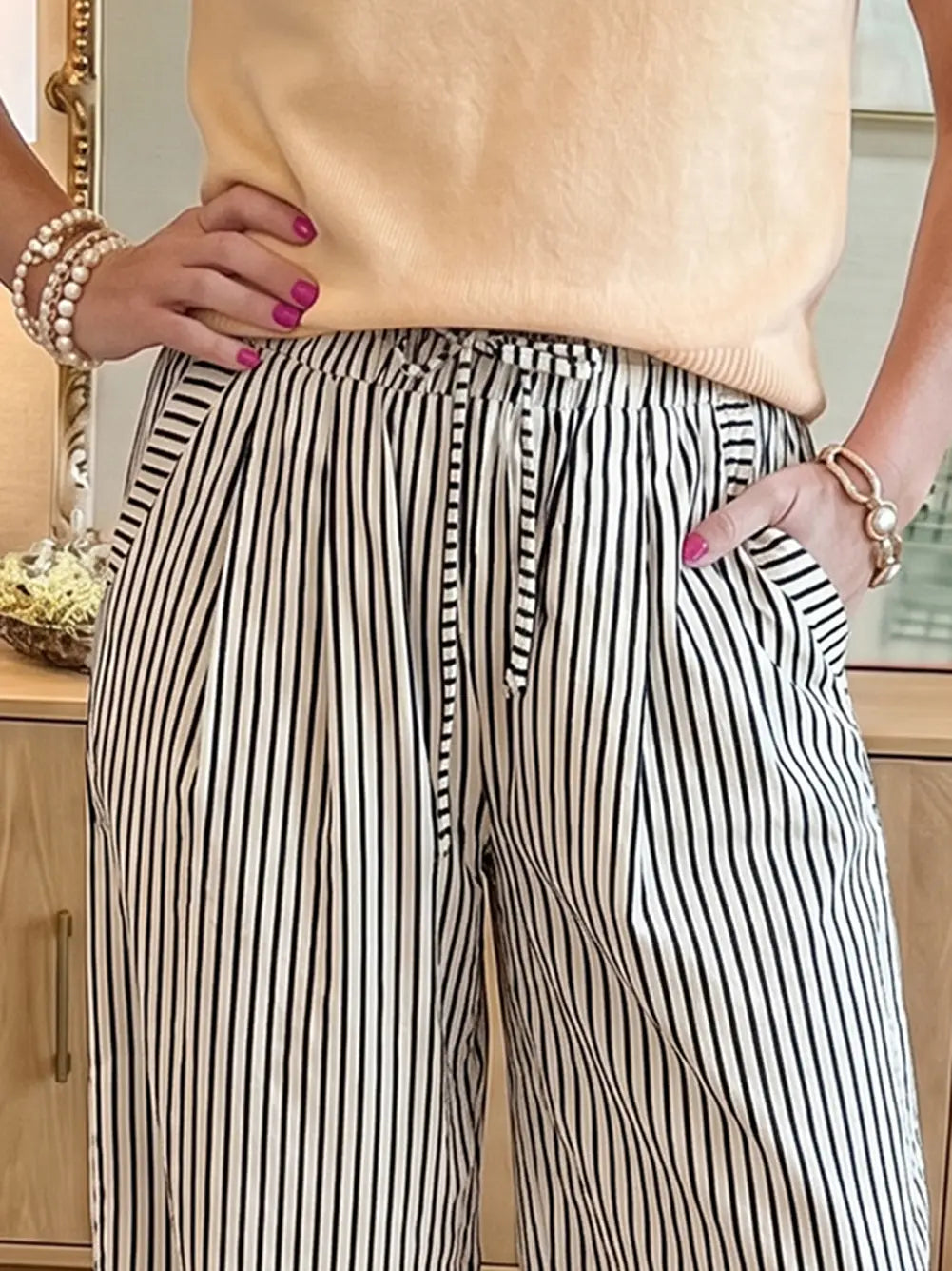 Wide Leg Black & White Striped Pants