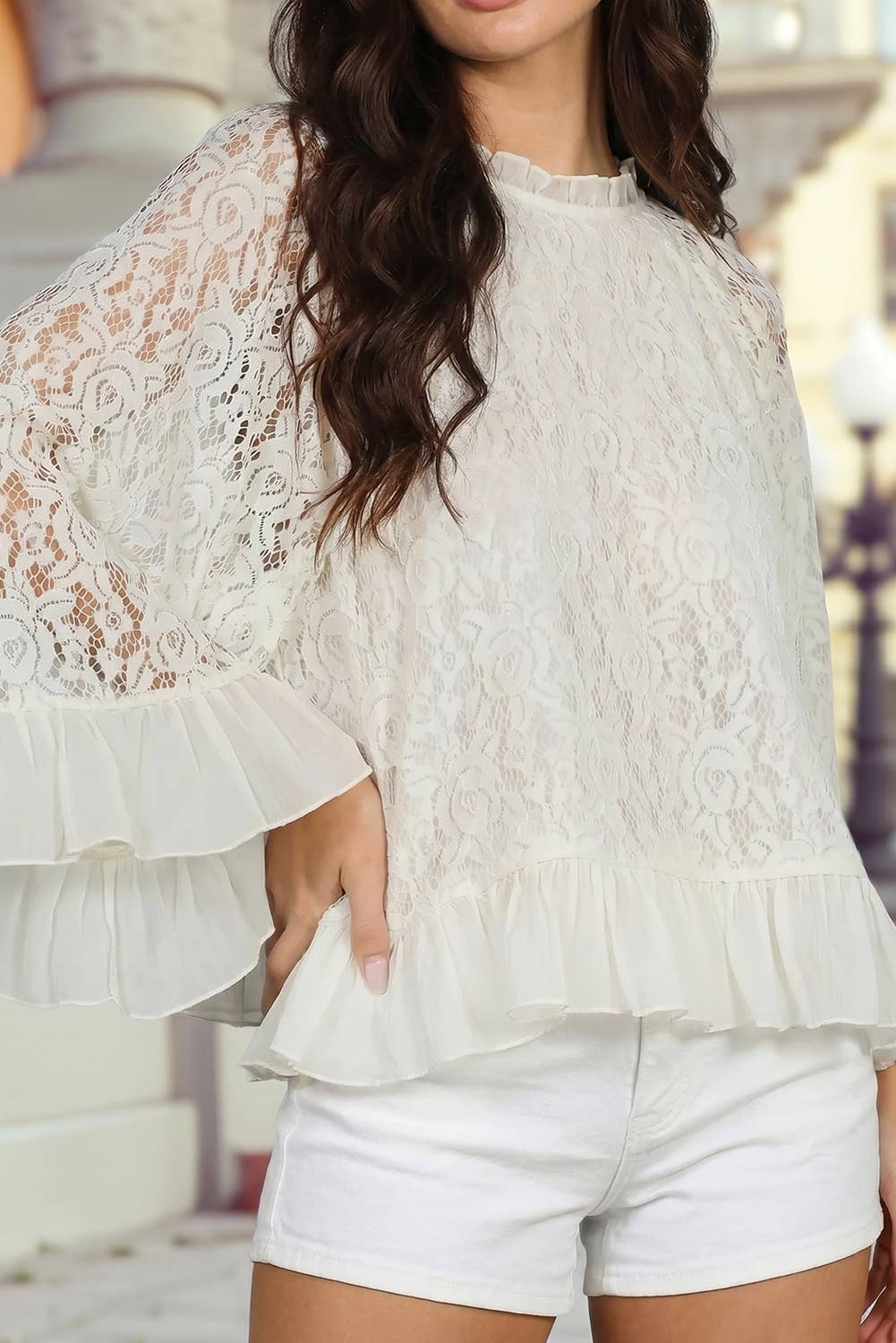 Sheer Lace Long Sleeve Ruffle Trim Loose Blouse