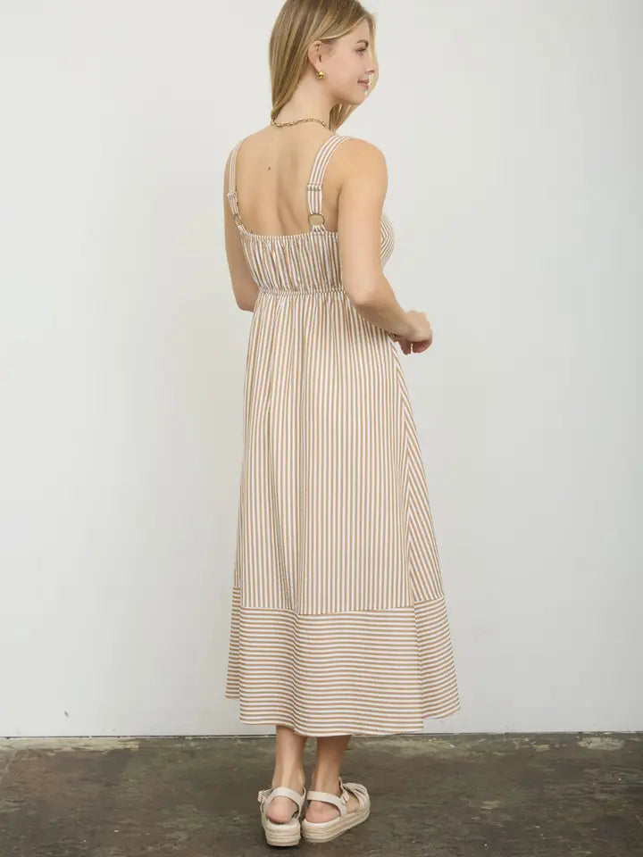 Stripe Sweetheart Button Down Sleeveless Midi Dress