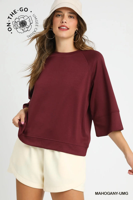 Mahogany 3/4 Sleeved Drop Shoulder Top