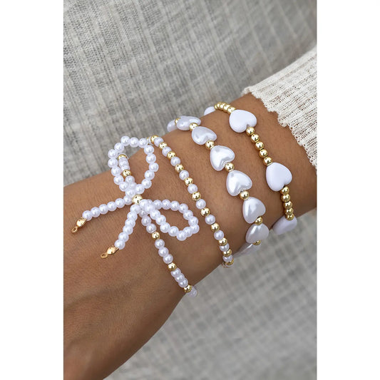 Bow Knot Heart Shape Faux Pearl White Beaded Bracelet