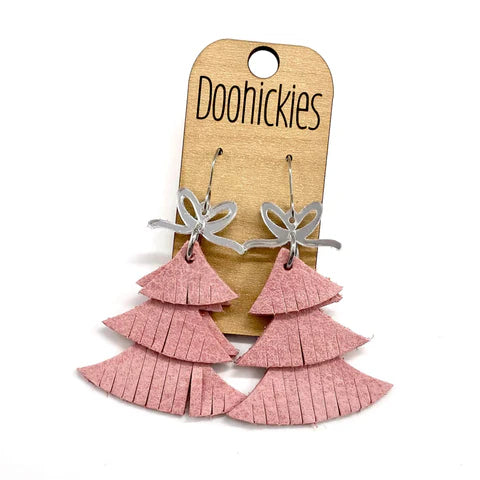 Doohickies Silver Bow Soft Pink Christmas Tree Dangle Earrings