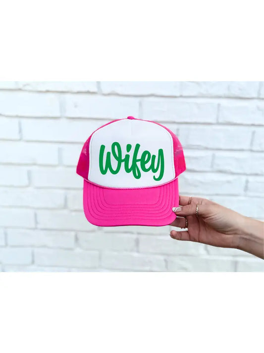 Wifey DTF Printed Neon Pink & White Trucker Hat