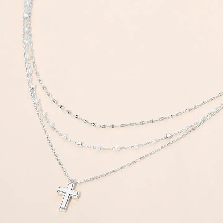 Cross Pendant Pearl Layered Chain