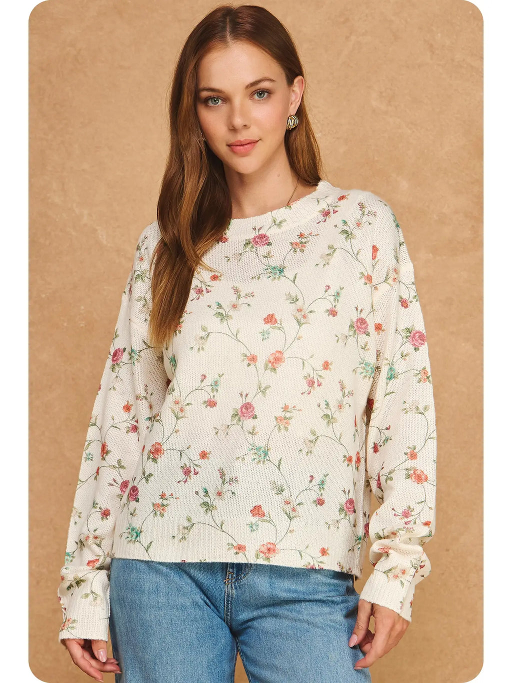 Botanical Floral Print Knit Pullover Sweater