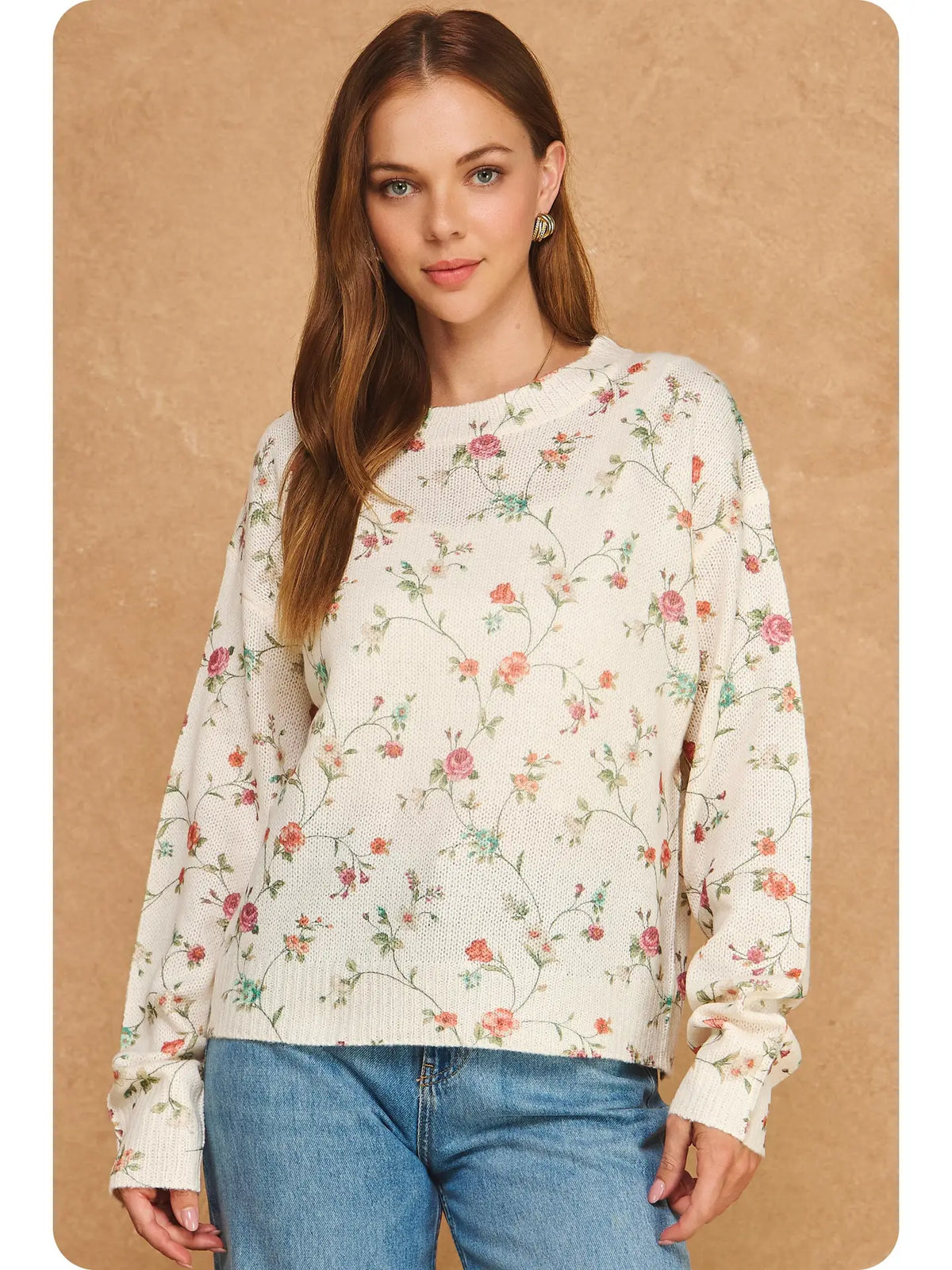 Botanical Floral Print Knit Pullover Sweater