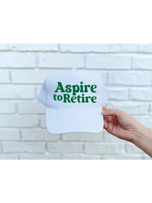 Aspire To Retire DTF Printed White Trucker Hat