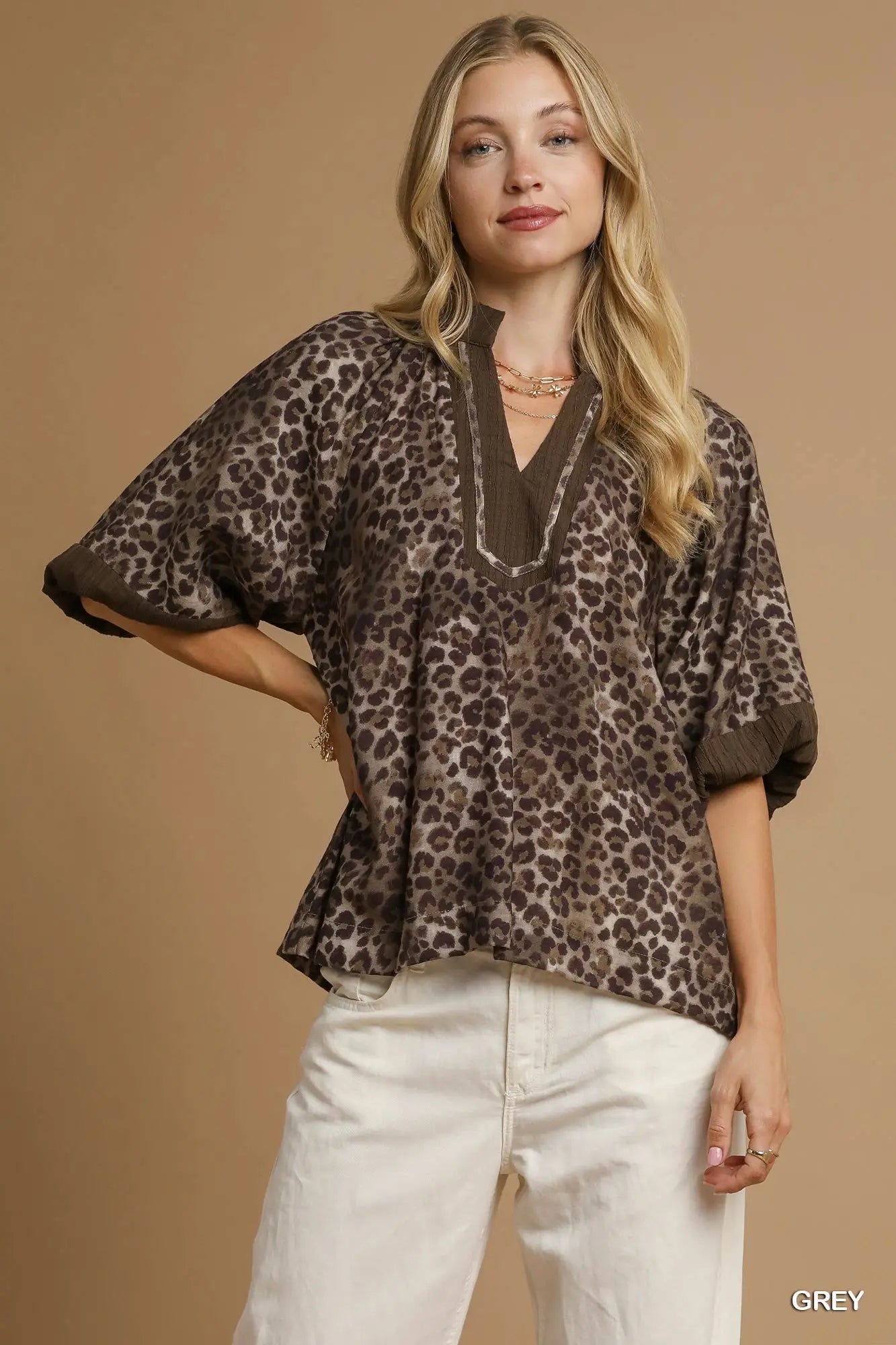Leopard Print Pleated Sleeve Blouse