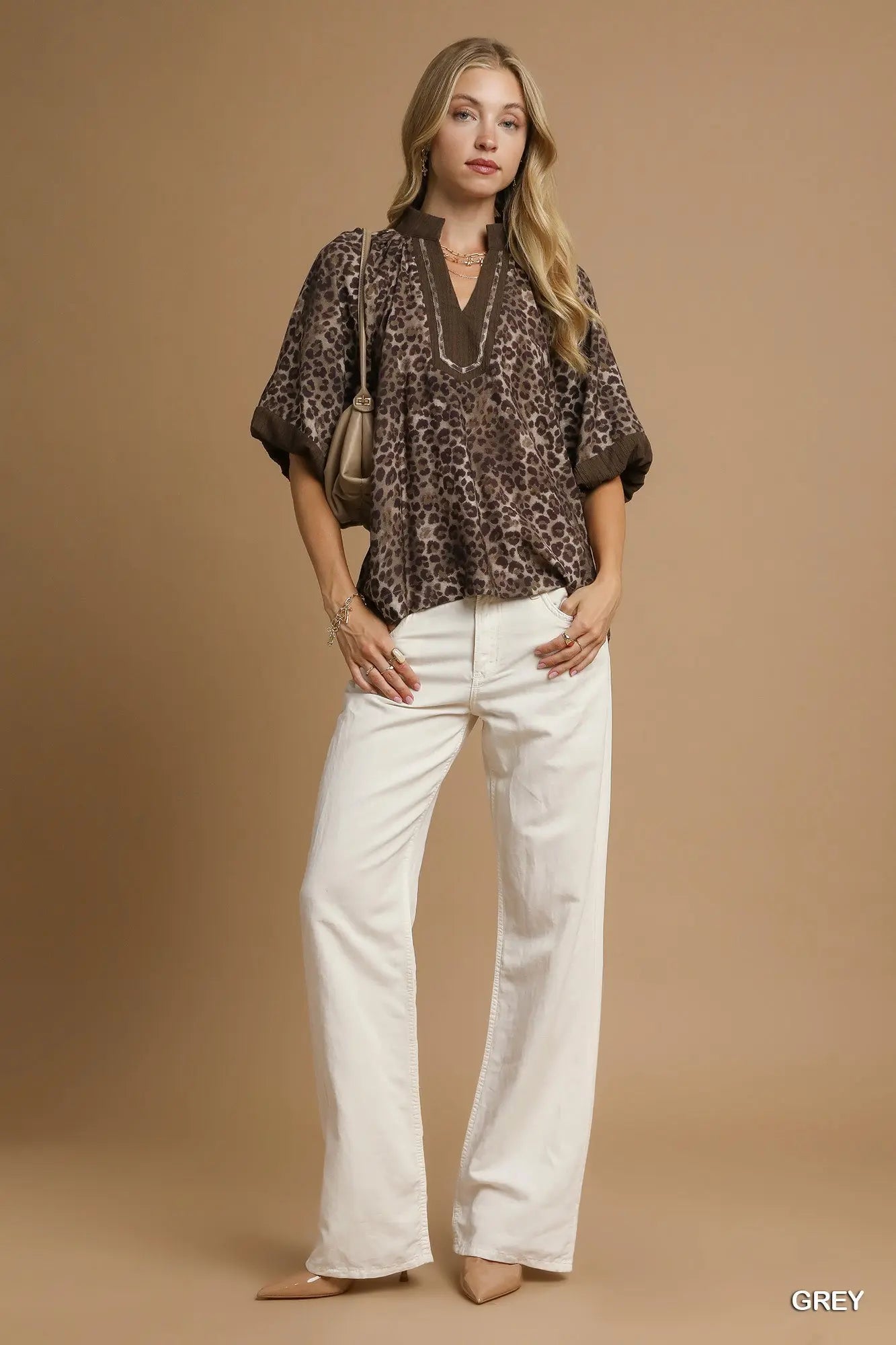 Leopard Print Pleated Sleeve Blouse