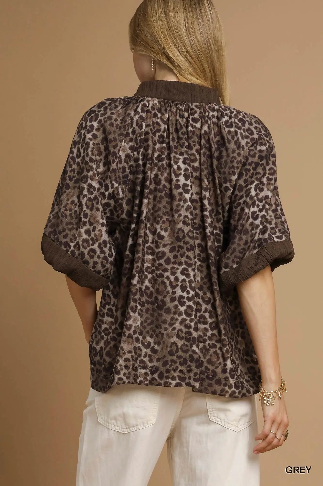 Leopard Print Pleated Sleeve Blouse