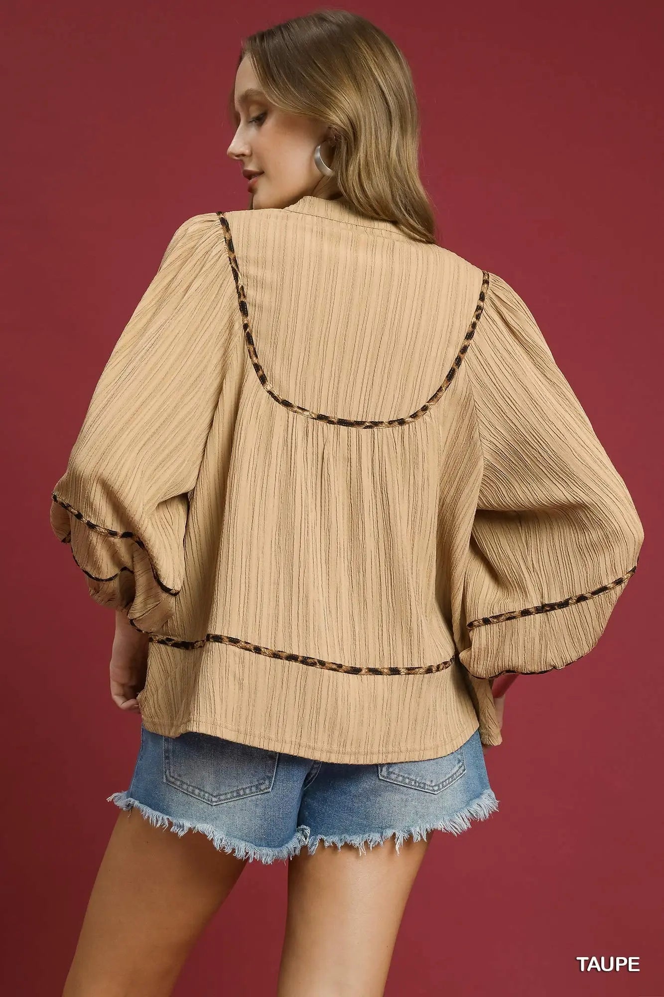 Texture Fabric Taupe Blouse with Animal Print