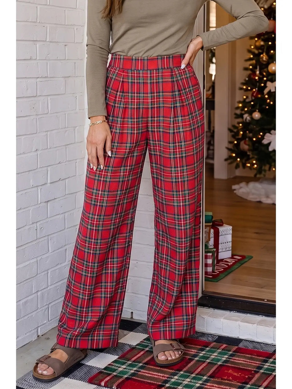 Christmas Festive Plaid Wide Leg Pull On Pants