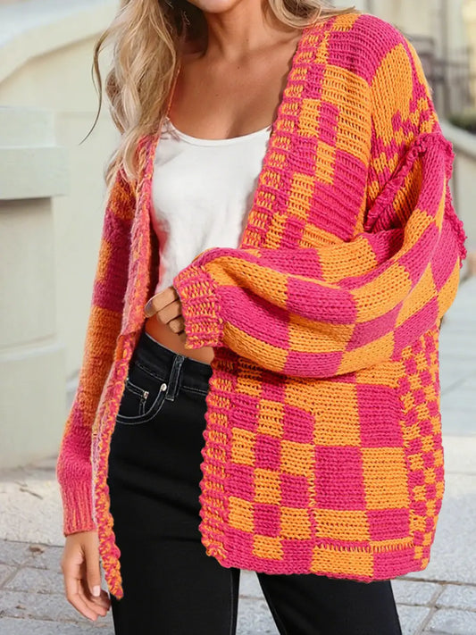 Plaid Open Front Knitted Multi-Colored Cardigan