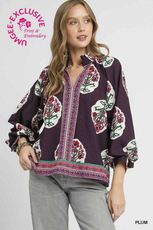 Boho Plum Floral Print Tunic Top